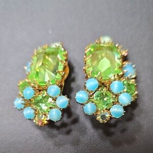 Rare Vintage Schreiner New York Green and Blue Clip-On Earrings